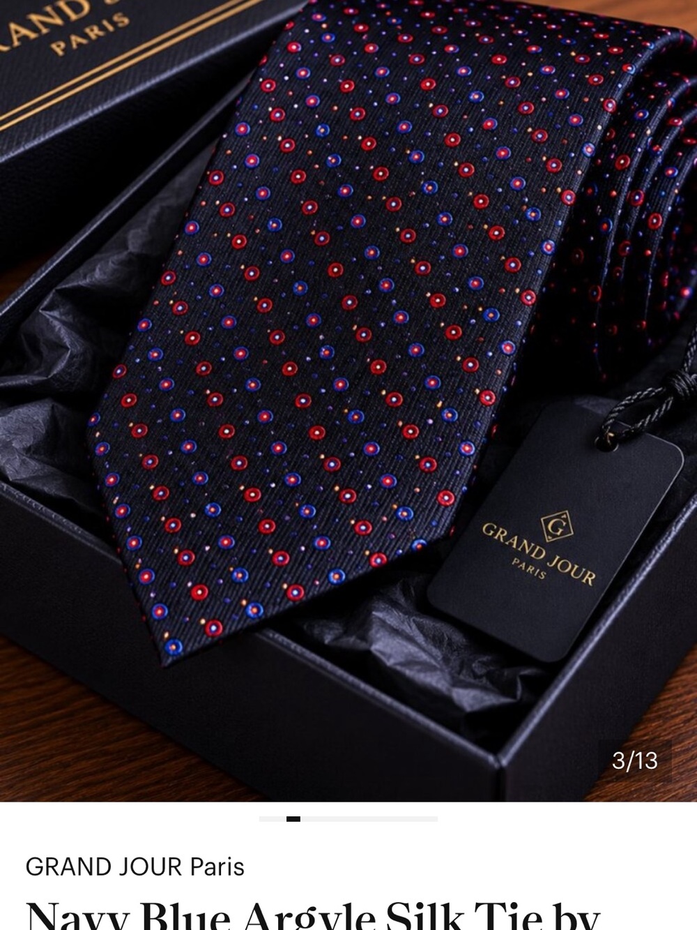 Navy Blue Argyle Silk Tie by GRAND JOUR Paris